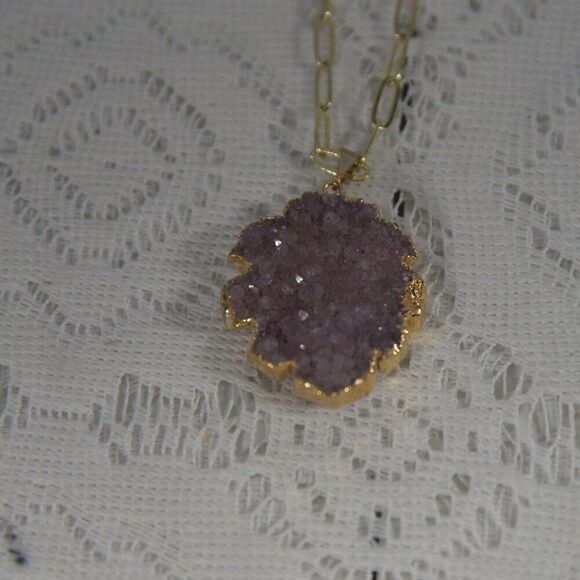 Hespera Amethyst Druzy Paperclip Necklace 15" Length - Picture 2 of 4
